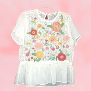 Umgee White Cotton Embroidered Floral Lace Blouse